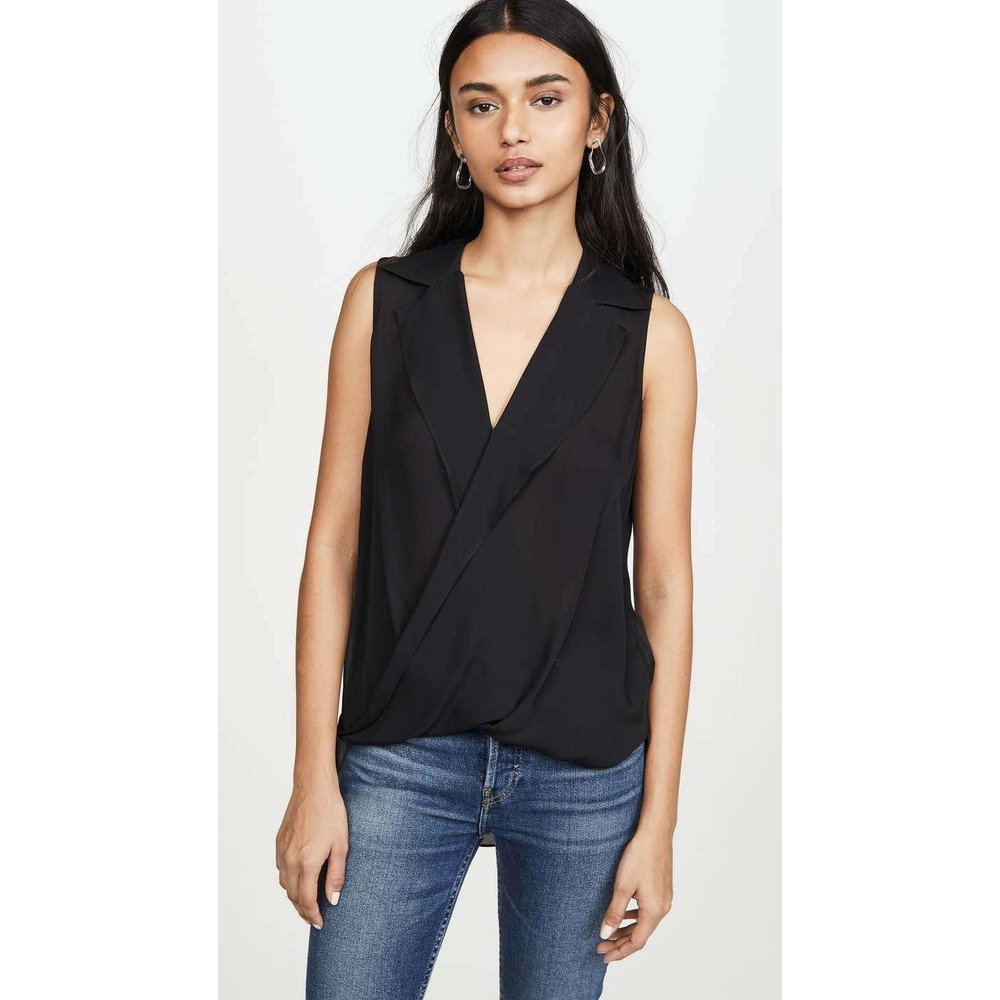 L'AGENCE Freja Silk Draped Wrap‎ Front Sheer Blouse Top Long Sleeve Black Small